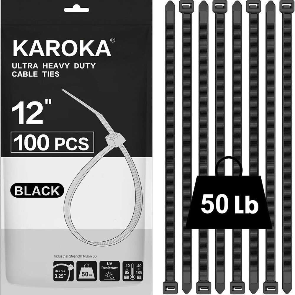 Zip Ties 12 inch 100 Pack, Black, 50 lb, UV Resistant Cable Ties for indoor and